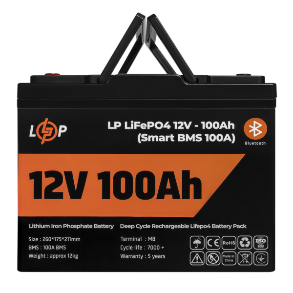 Акумулятор LP LiFePO4 12V (12,8V) - 100 Ah (1280Wh) (Smart BMS 100А) з BT пластик для ДБЖ - Зображення 2