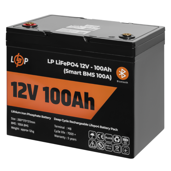 Акумулятор LP LiFePO4 12V (12,8V) - 100 Ah (1280Wh) (Smart BMS 100А) з BT пластик для ДБЖ - Зображення 3