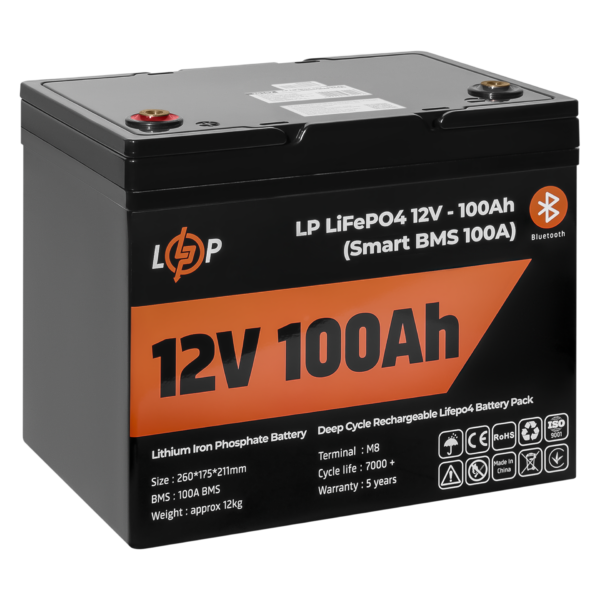 Акумулятор LP LiFePO4 12V (12,8V) - 100 Ah (1280Wh) (Smart BMS 100А) з BT пластик для ДБЖ - Зображення 4