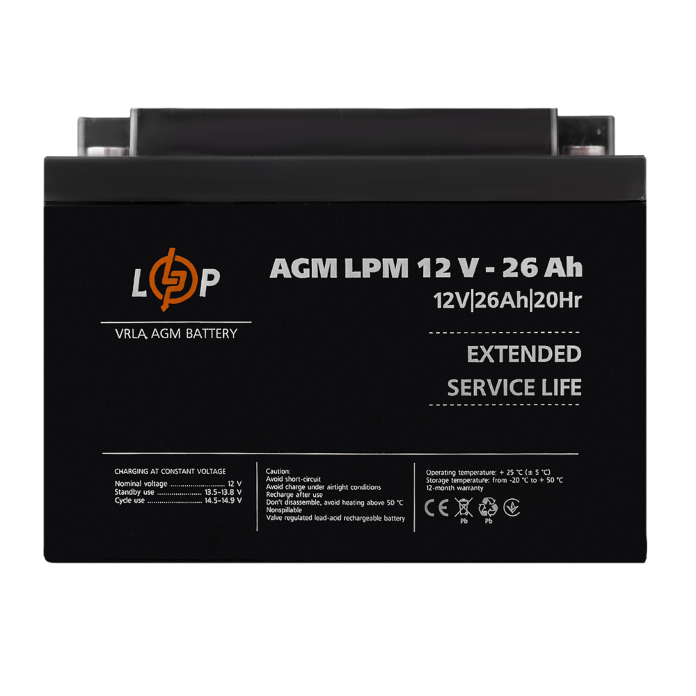 Акумулятор AGM LPM 12V - 26 Ah під болт М5 - Зображення 3