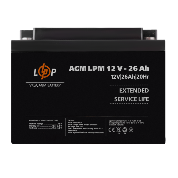 Акумулятор AGM LPM 12V - 26 Ah під болт М5 - Зображення 3