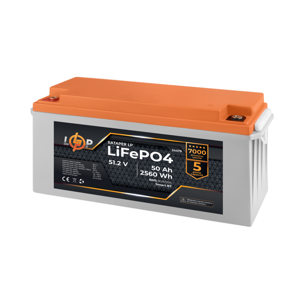 Акумулятор LP LiFePO4 51,2V - 50 Ah (2560Wh) (BMS 80A/50А) пластик Smart BT - Зображення 2