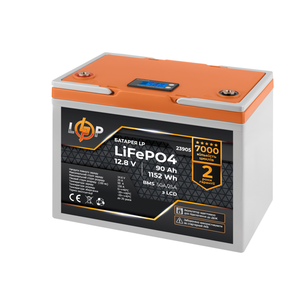 Акумулятор LP LiFePO4 12,8V - 90 Ah (1152Wh) (BMS 50A/25А) пластик LCD для ДБЖ - Зображення 2