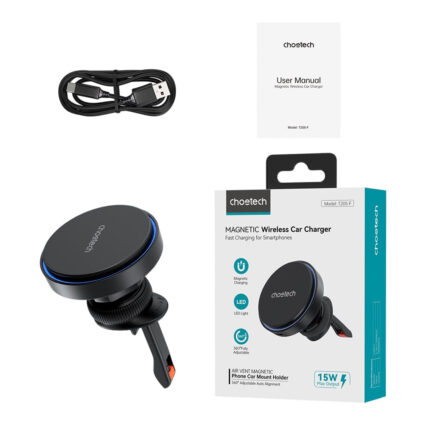 Автомобільний зарядний пристрій Choetech T205-F Black бездротова зарядка, магнітне кріплення - Зображення 3