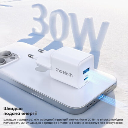 Мережевий зарядний пристрій Choetech PD5012 mini PD30W GAN A+C White — изображение 4