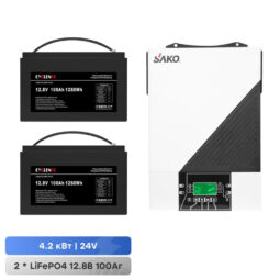 Комплект резервного живлення: автономний інвертор 4.2kW Sako SUNON IV 24V +120A MPPT та 2 акумуляторні батареї 12.8В 100Аг Cyclen 12.8V 100AH LiFePo4