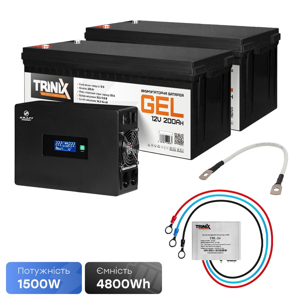 42-00114-44-00015 Комплект резервного живлення 1500W 4800Wh: високочастотний інвертор Kraft KRF-SAVR1500VA/1.5kW-24V + 2 акумуляторні батареї Trinix TGL12V200Ah/20Hr GEL - Зображення 1