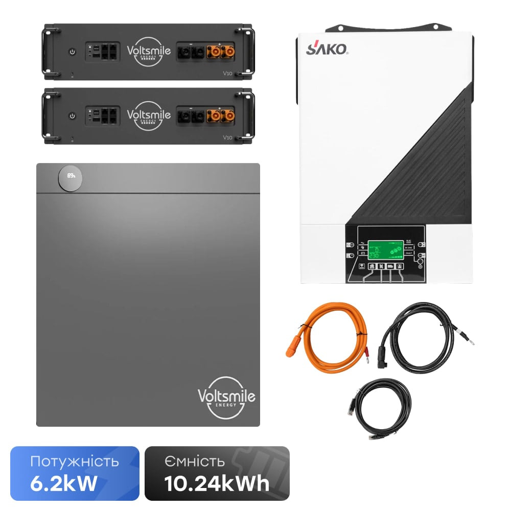 sako-6-voltsmile-v10-2 Комплект резервного живлення 6.2kW 10.24kWh: автономний інвертор Sako SUNON IV 6.2KW/48V і 2 акумуляторні батареї 51.2В Voltsmile V10 Classic — изображение 1