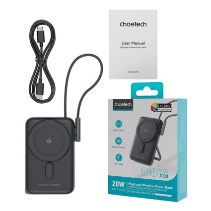 Повербанк 10000mAh Choetech B735 Black QC3.0 PD3.0 бездротова магнітна зарядка, вбудований кабель, підставка - Зображення 3