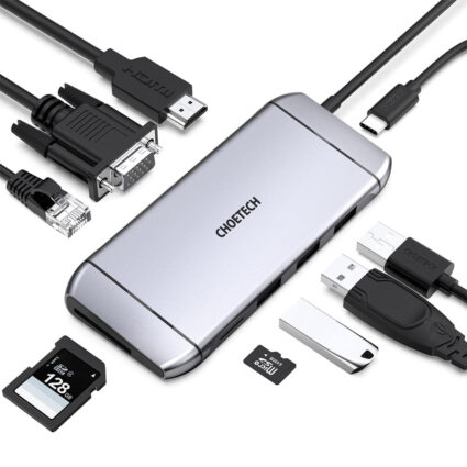 USB-C хаб 9-в-1 Choetech M15 HDMI 4K@30Hz, VGA, 3 USB3.0, RJ45, USB-C PD, SD-card, TF-card - Зображення 3