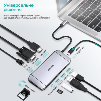 USB-C хаб 9-в-1 Choetech M15 HDMI 4K@30Hz, VGA, 3 USB3.0, RJ45, USB-C PD, SD-card, TF-card - Зображення 4
