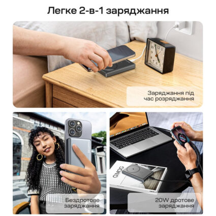 Повербанк 10000mAh Choetech B739 Black QC3.0 PD3.0 бездротова магнітна зарядка - Зображення 5