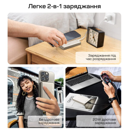 Повербанк 10000mAh Choetech B739 Silver QC3.0 PD3.0 бездротова магнітна зарядка - Зображення 5