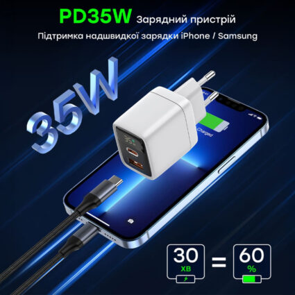 Мережевий зарядний пристрій Choetech PD6052 PD35W GAN A+C White - Зображення 4