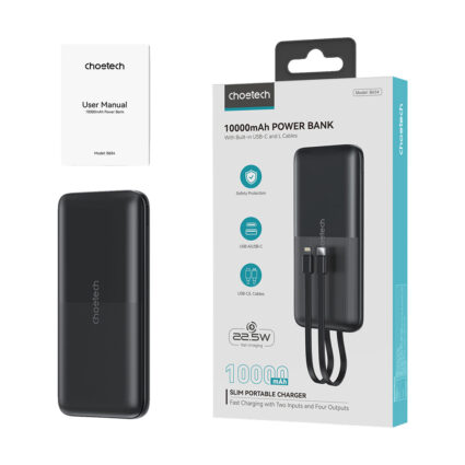 Повербанк 10000mAh Choetech B654 Black 22.5W QC3.0 PD3.0 вбудовані кабелі Type-C та Lightning - Зображення 3