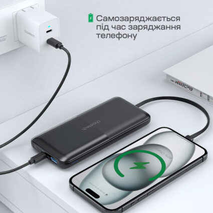 Повербанк 10000mAh Choetech B654 Black 22.5W QC3.0 PD3.0 вбудовані кабелі Type-C та Lightning - Зображення 5