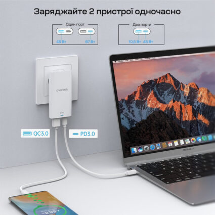 Мережевий зарядний пристрій Choetech PD6011 Ultra thin PD67W GAN A+C White — изображение 5