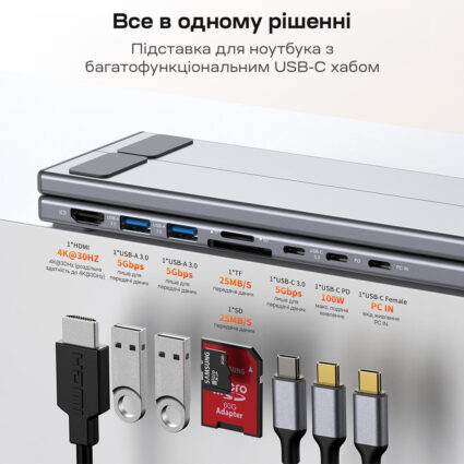 USB-C хаб-підставка 7-в-1 Choetech M57 HDMI 4K@30Hz, 2 USB 3.0, USB-C Data, USB-C PD 100W, SD-card, TF-card - Зображення 4