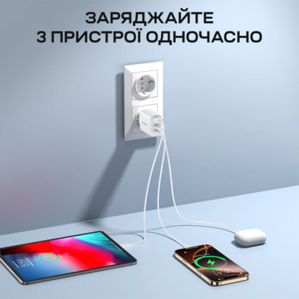 Мережевий зарядний пристрій Choetech PD3046 PD30W GAN USB-A+2xUSB-C White - Зображення 3