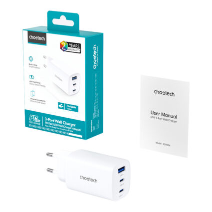 Мережевий зарядний пристрій Choetech PD9006 PD65W GAN USB-A+2xUSB-C White — изображение 2