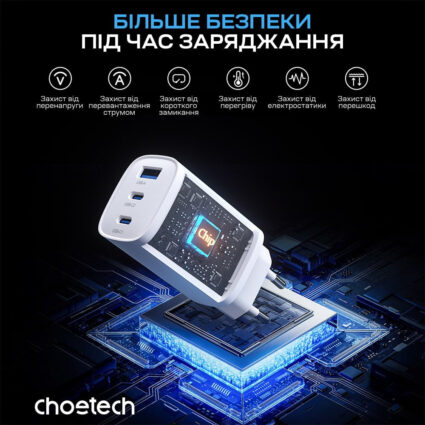 Мережевий зарядний пристрій Choetech PD9006 PD65W GAN USB-A+2xUSB-C White - Зображення 5