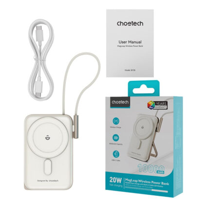 Повербанк 10000mAh Choetech B735 White QC3.0 PD3.0 бездротова магнітна зарядка, вбудований кабель, підставка - Зображення 3