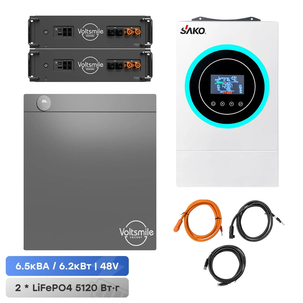 komplekt-1 Комплект резервного живлення: гібридний інвертор Sako SUNON V 6.5KW і акумуляторна батарея 51.2В Voltsmile V10 Classic – 2 шт. - Зображення 1