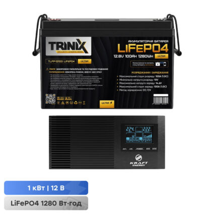 Комплект резервного живлення 1000W 1280Wh: інвертор з функцією ДБЖ Kraft KRF-AVR1200VA/1KW-12V + акумуляторна батарея LiFePO4 12.8V 100Ah з Bluetooth Trinix TLFP-12100 Ultra