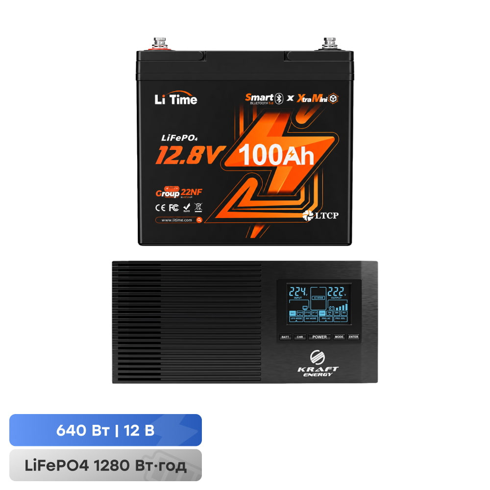 44-00512-42-00095 Комплект резервного живлення 640W 1280Wh: інвертор з функцією ДБЖ Kraft KRF-AVR800VA/640W-12V + акумуляторна батарея LiFePO4 12.8V 100Ah з Bluetooth LiTime Xtramini L12V100-100-XTRA-MINI-BT-4-A55 - Зображення 1