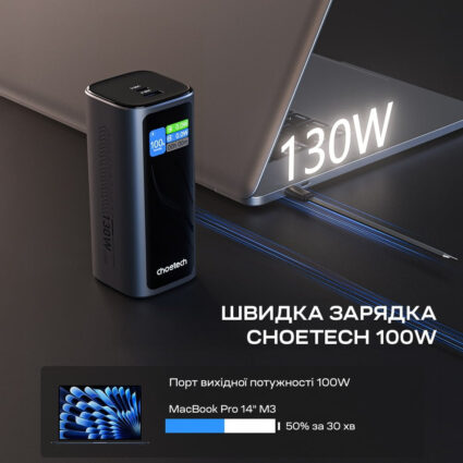 Повербанк 20000mAh Choetech B815 Grey 130W QC3.0 PD3.0 TFT Smart дисплей, вбудований кабель - Зображення 5