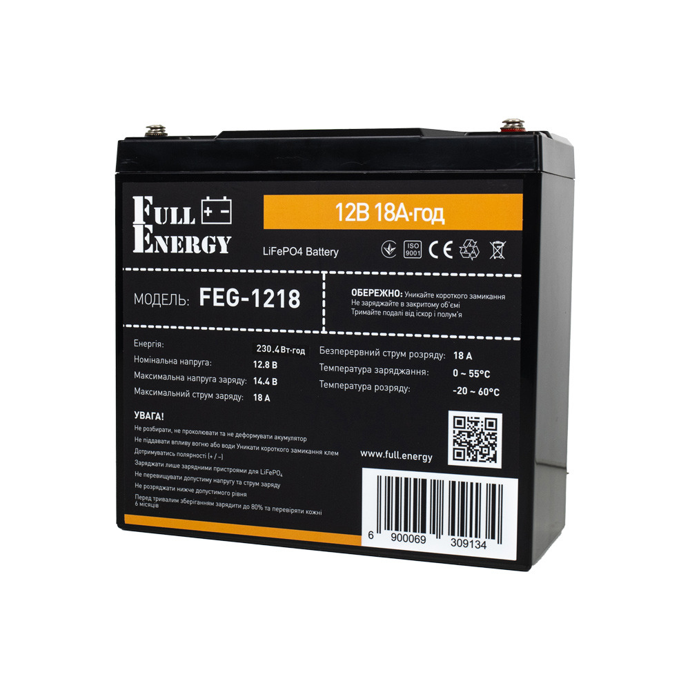 306201-01 Акумулятор LiFePO4 12.8В 18А·год 230 Вт·год Full Energy FEG-1218 для ДБЖ - Зображення 1