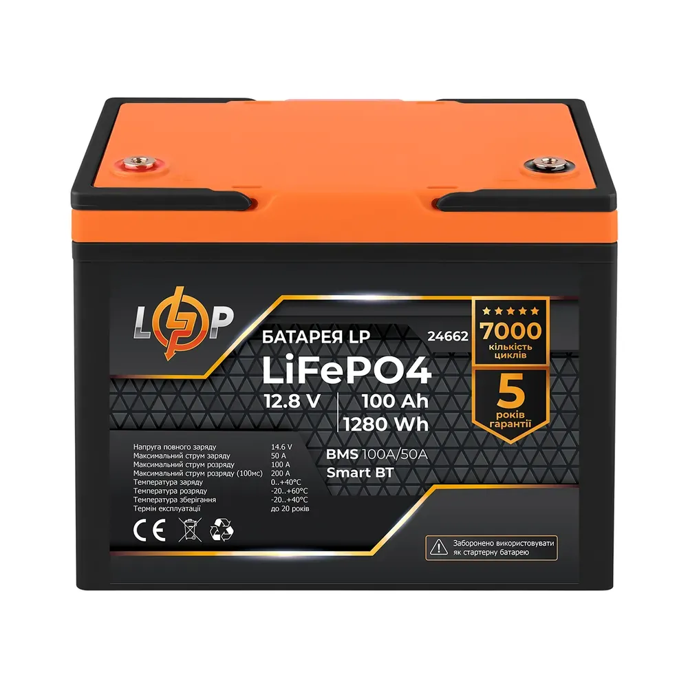 24662_1 Акумулятор LP LiFePO4 12,8V - 100 Ah (1280Wh) (BMS 100A/50А) пластик Smart BT
