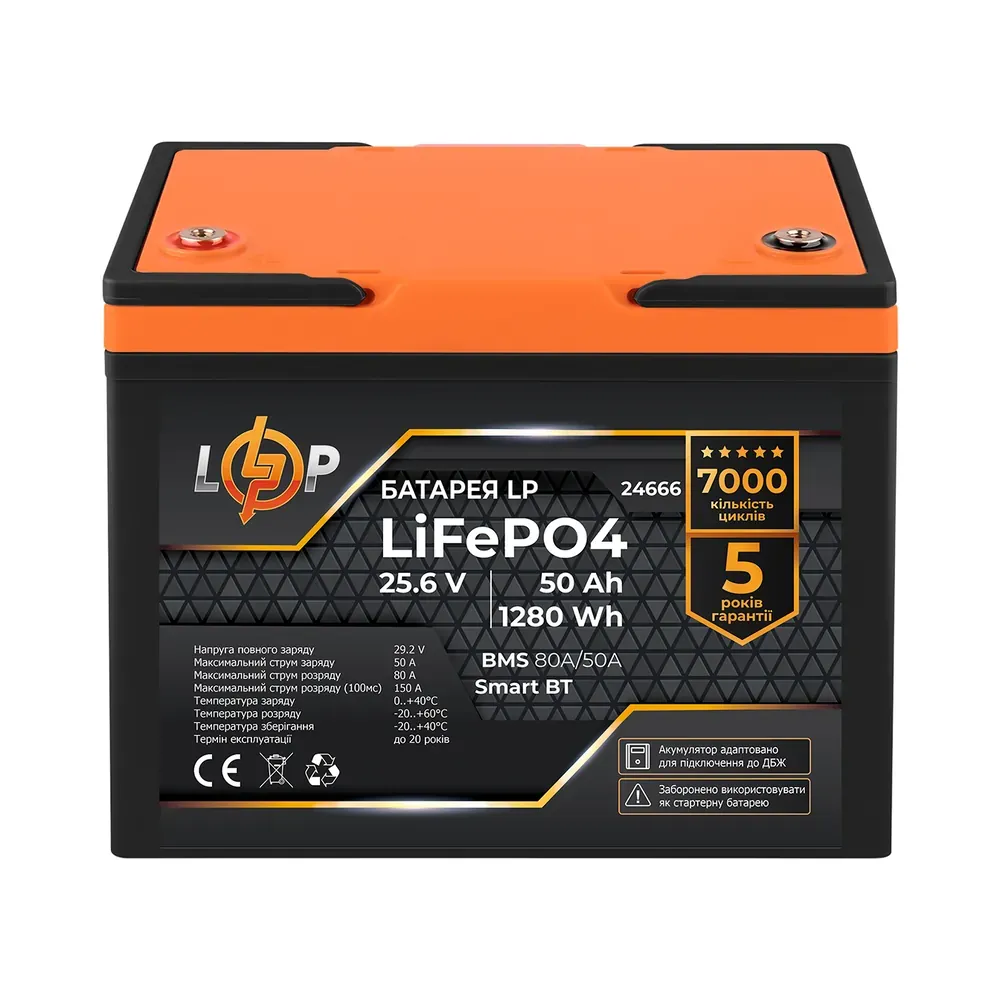 24666_1 Акумулятор LP LiFePO4 25,6V - 50 Ah (1280Wh) (BMS 80A/50А) пластик Smart BT