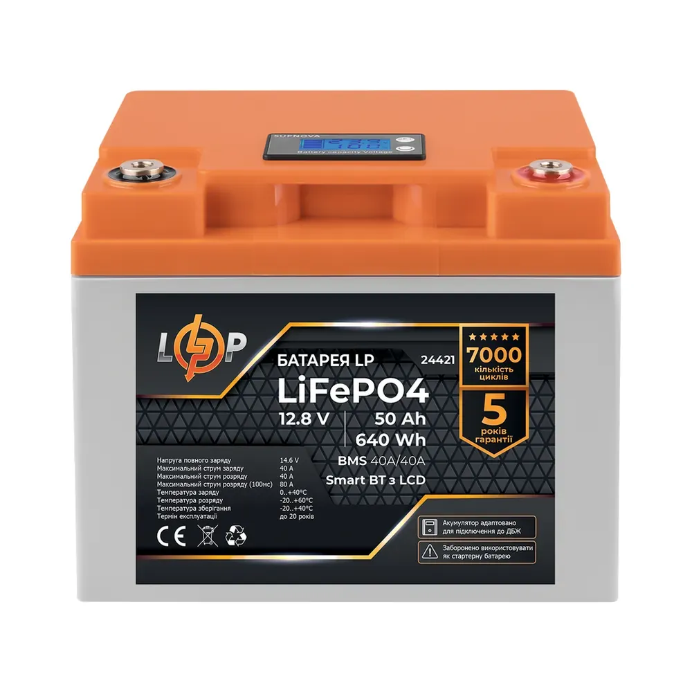 24421_1 Акумулятор LP LiFePO4 12,8V - 50 Ah (640Wh) (BMS 40A/40А) пластик LCD Smart BT