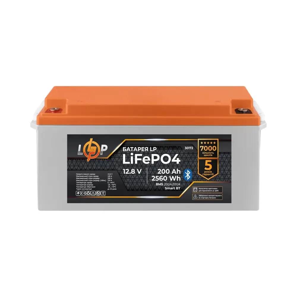 30172_1 Акумулятор LP LiFePO4 12,8V - 200 Ah (2560Wh) (BMS 200A/100А) пластик Smart BT