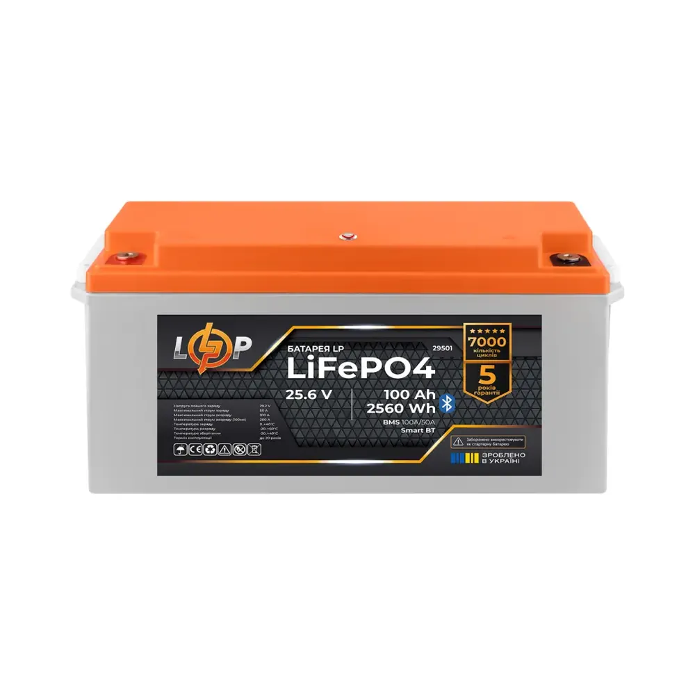 29501_1 Акумулятор LP LiFePO4 25,6V - 100 Ah (2560Wh) (BMS 100A/50А) пластик Smart BT