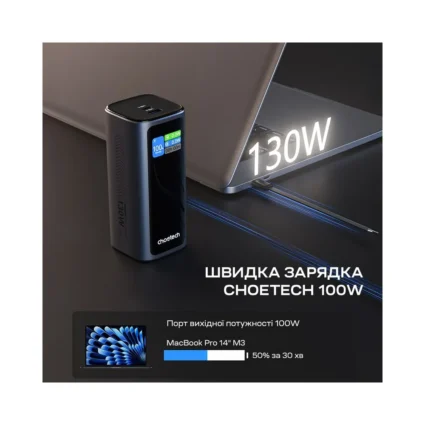 Повербанк 20000mAh Choetech B815 Grey 130W QC3.0 PD3.0 TFT Smart дисплей, вбудований кабель